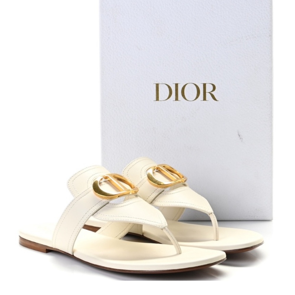 DIOR Authentic Christian Dior 30 Montaigne CD Gold Logo White Leather Sandals 37 - Picture 1 of 11